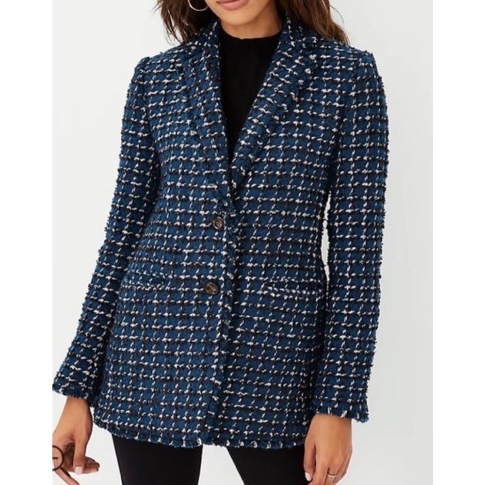 Ann Taylor The Greenwich Tweed Blazer/Jacket Blue Black White Plaid Fringe Sz 6